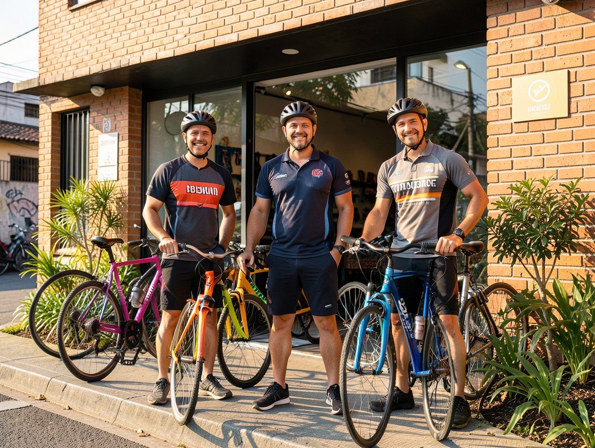 Equipo ciclista frente a un taller de bicicletas en Bogotá