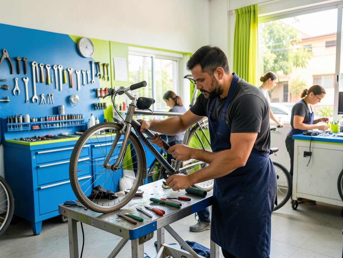 Mecánico revisando una bicicleta en el taller Bicita